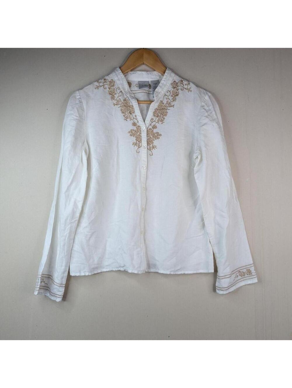 Emma James Linen Blend Embroidered Button Front Blouse Size 8 Petite